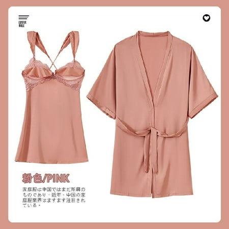 

PIKADINGNIS 2 Pcs Sexy Satin Robe Set Spring Summer Short Sleeve Sexy Nightgowns Bathrobe Women Pajamas Bath Silk Robe Sleepwear Womens