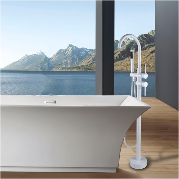 JERFIT White Modern Freestanding Bathtub Faucet with Hand Shower, 3.9 GPM High Flow Deck Mount Tub Filler