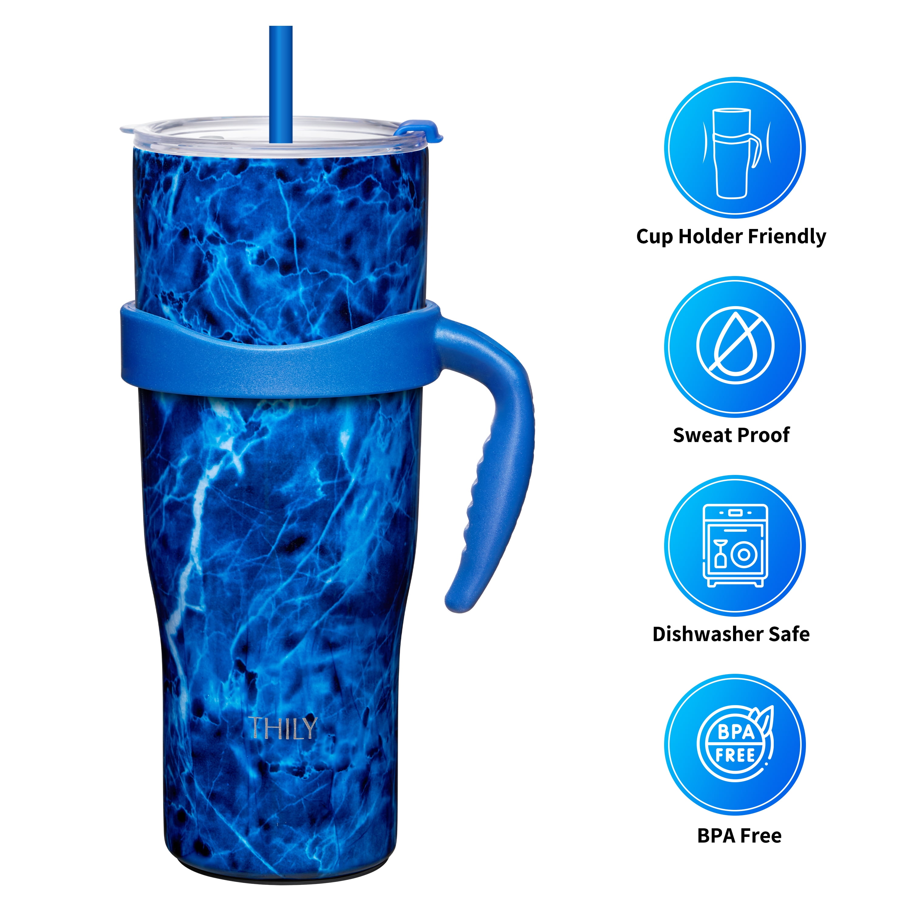THILY 40 oz Insulated Tumbler with Handle - Stainless Steel Triple  Insulated Coffee Travel Mug with Splash-Proof Lid and Reusable Straws, for  Home, Office, Travel, Party, Blue Maple 
