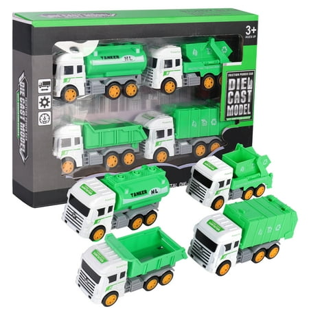 TOPCHANCES 4 Pieces Garbage Truck Toys Set Children's Educational Toy Car Models for 3 4 5 6 Years Gift