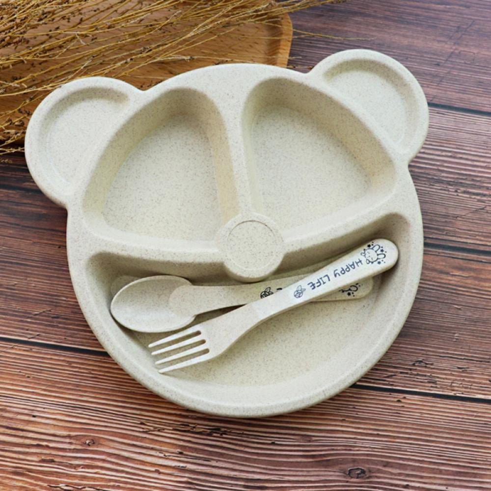 Divided Portion Dinner Plate Sets for Toddlers-Set of Two Fork and Spoon Wheat Straw Free Shipping