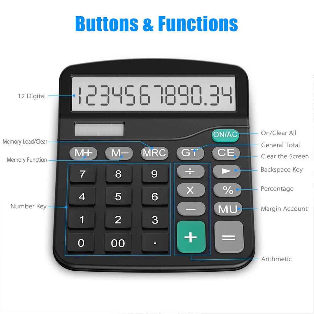 Memory Function OS-200ML Calculator Extra Large Display Solar Big Buttons 12 Digits Desktop Calculator with Round-up 