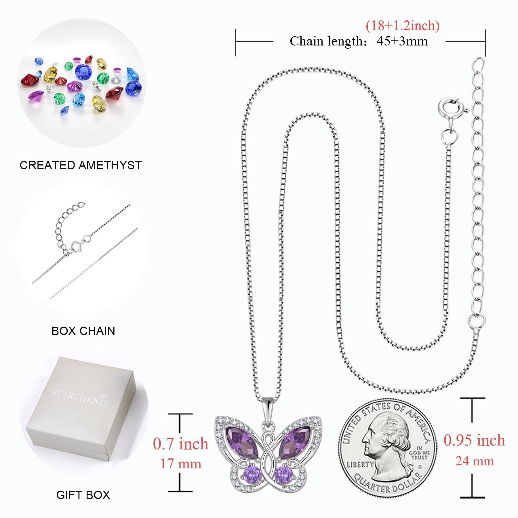 Starchenie Butterfly Pendant Necklace Women 925 Sterling Silver Birthstone February Amethyst Butterfly Jewelry Gifts