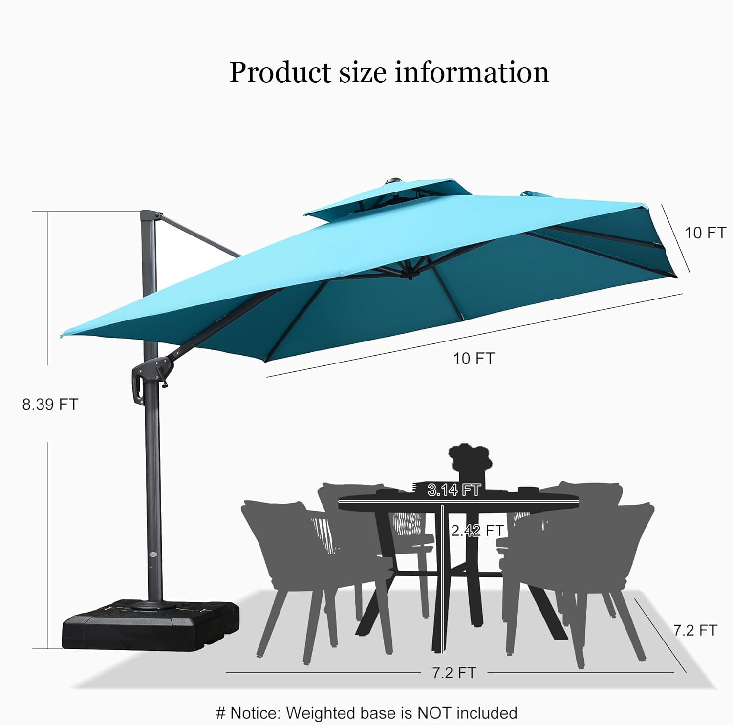PURPLE LEAF Outdoor Cantilever Umbrellas 10FT Square Large Patio Umbrella Offset Umbrella with 360°Rotation Tilting And Hanging Double Top, Turquiose Blue