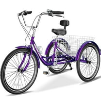 MOPHOTO Adult Tricycles 3 Wheel 7 Speed Trikes with Large Basket for Outdoor Cycling Shopping, Exercise Men Women's Cruiser Bike (Rose-Purple, 20/24/26 inch)
