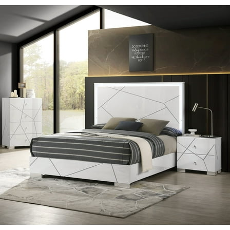 High-gloss White Finish Geometric Accents 3pc Queen Bed Chest Nightstand Set