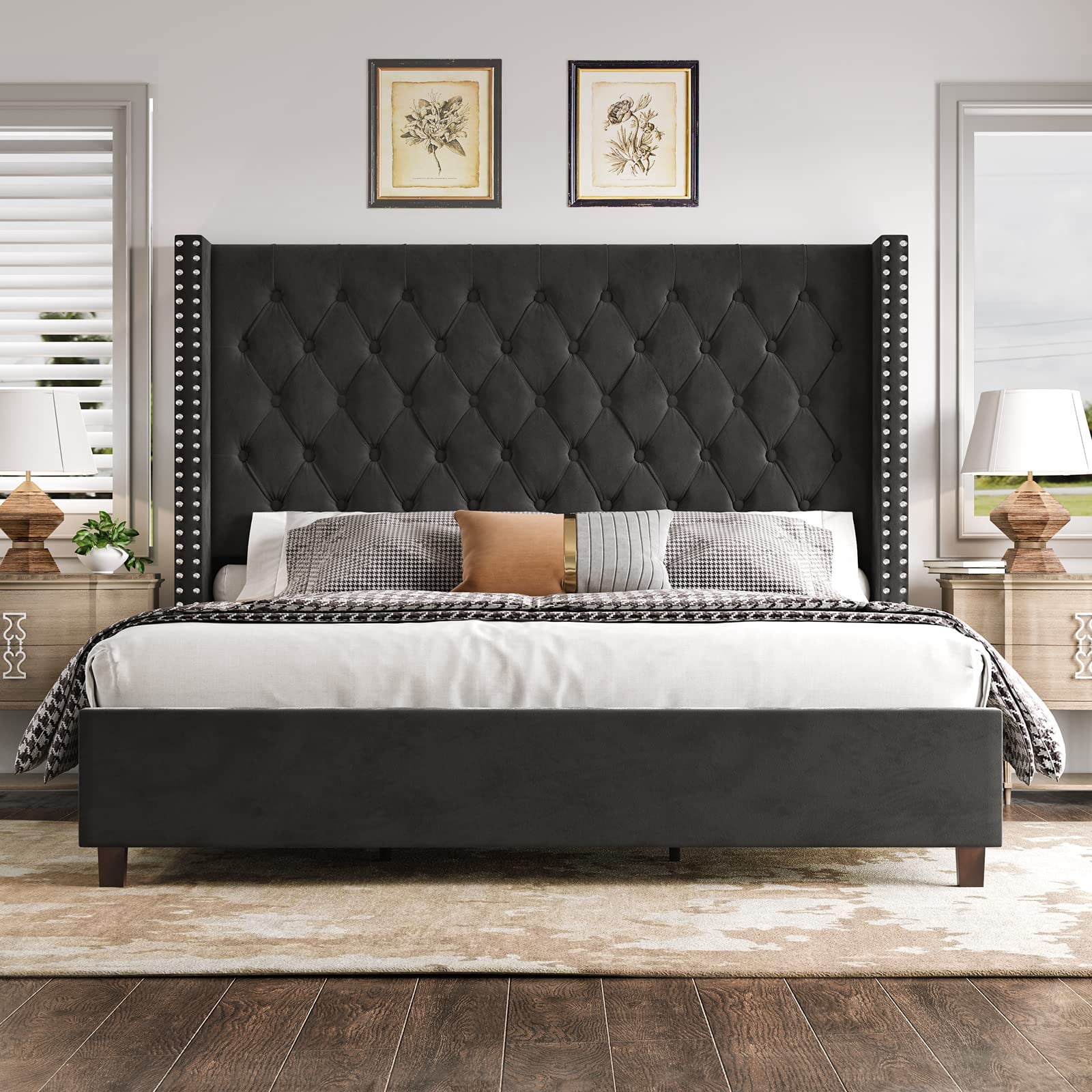 VanAcc Queen Platform Bed Frame 61.4" Handmade Headboard Velvet Tall Upholstered Bed Deep Button Tufted/Wood Slat Support/Easy Assembly/Black