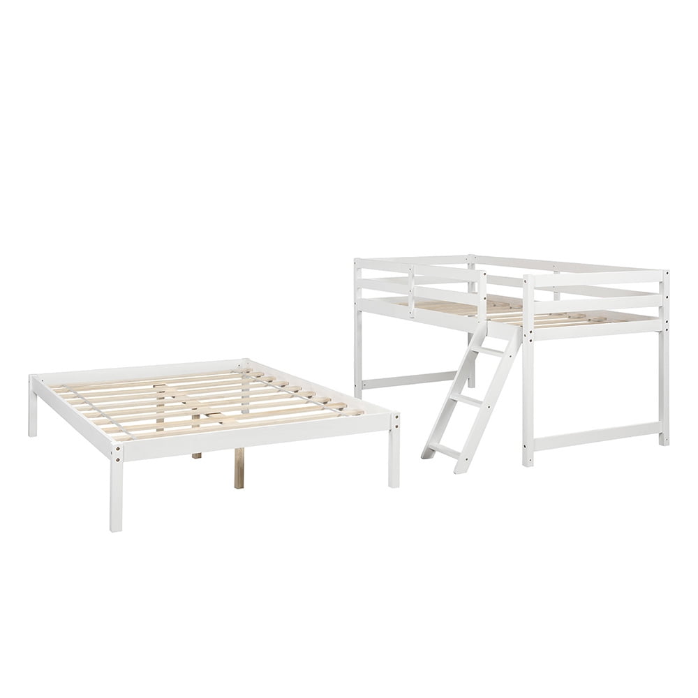 Kepooman Twin over Full Solid Wood Bunk Bed with Ladder for Bedroom Dorm, 79.5"L x 56.9"W x 59"H, White Kepooman Twin over Full Solid Wood Bunk Bed with Ladder for Bedroom Dorm, 79.5"L x 56.9"W x 59"H, White