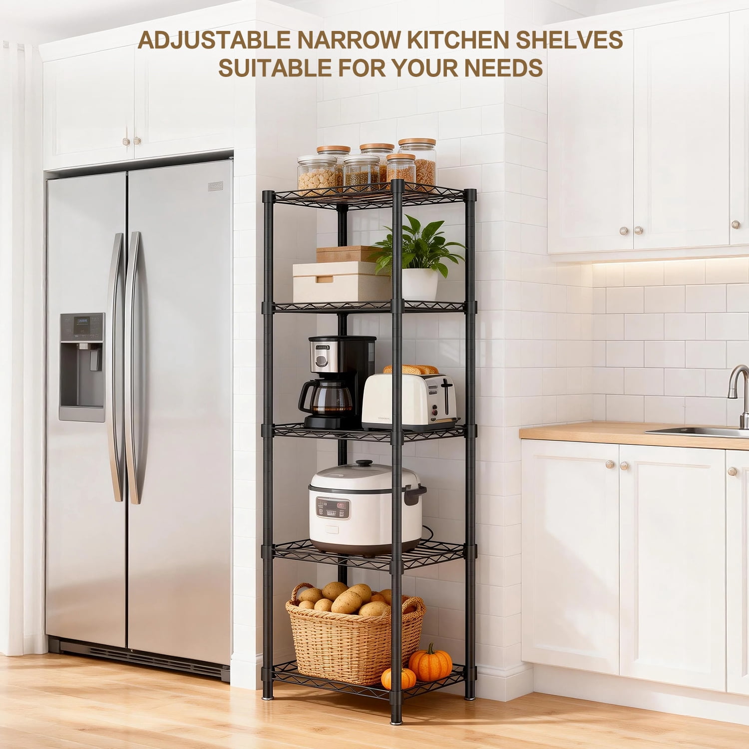 TAIMASI 5-Tier Metal Storage Shelves, Adjustable Black Organizer Rack with Leveling Feet, 11.8"D x 16.6"W x 53.5"H Storage Shelves for Pantry, Kitchen, Laundry, Bathroom Closet