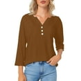 thumbnail image 3 of 3/4 Length Sleeve Blouses for Women Summer Cotton Linen Fashion Solid Color Button Shirts Casual V-neck Loose Pullover Top, 3 of 9