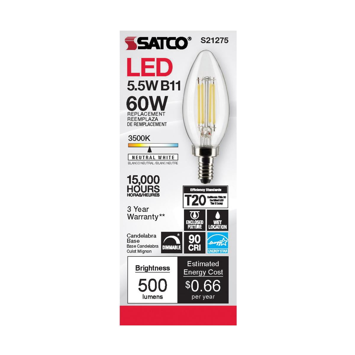 5.5W B11 LED - Clear - Candelabra base - 90 CRI - 3500K - 120V - 6-Pack.Color:Clear,Pack QTY:6