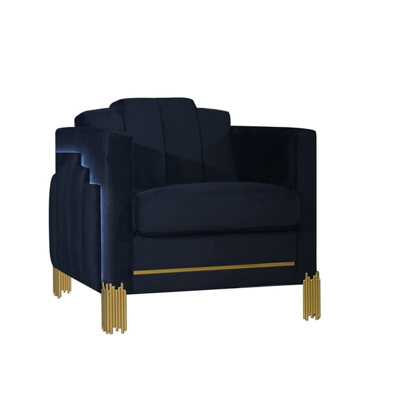 Theo Accent Chair- Black Velvet- Blue LED Lights- Gold Metal Legs