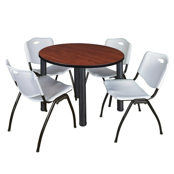 Regency 36 in Round Breakroom Table- Cherry Top, Black Legs, 4 M Stack Chairs- Grey