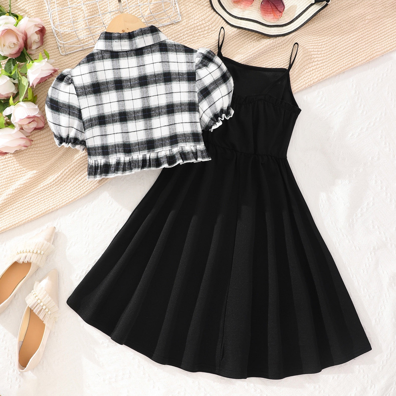 Kid Girls Clothing Plaid Prints Clothes Set Round Neck Short Sleeve Outfits Dresses Elegance Weekend Playsuit 9-10 Years Black