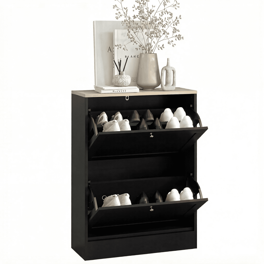 Narrow Hidden Shoe Storage Cabinet with 2 Flip Drawers, Adjustable Shelves Holds 8-12 Pairs US 11 Shoes, Melamine Particleboard Anti-Tipping Slim Shoe Organizer for Small Entryway
