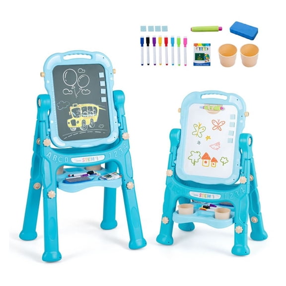 Kids Easel with Paper Roll, Adjustable Height Art Easel for Toddlers - 4-in-1 Magnetic Whiteboard, Chalkboard, Drawing Board & Art Table