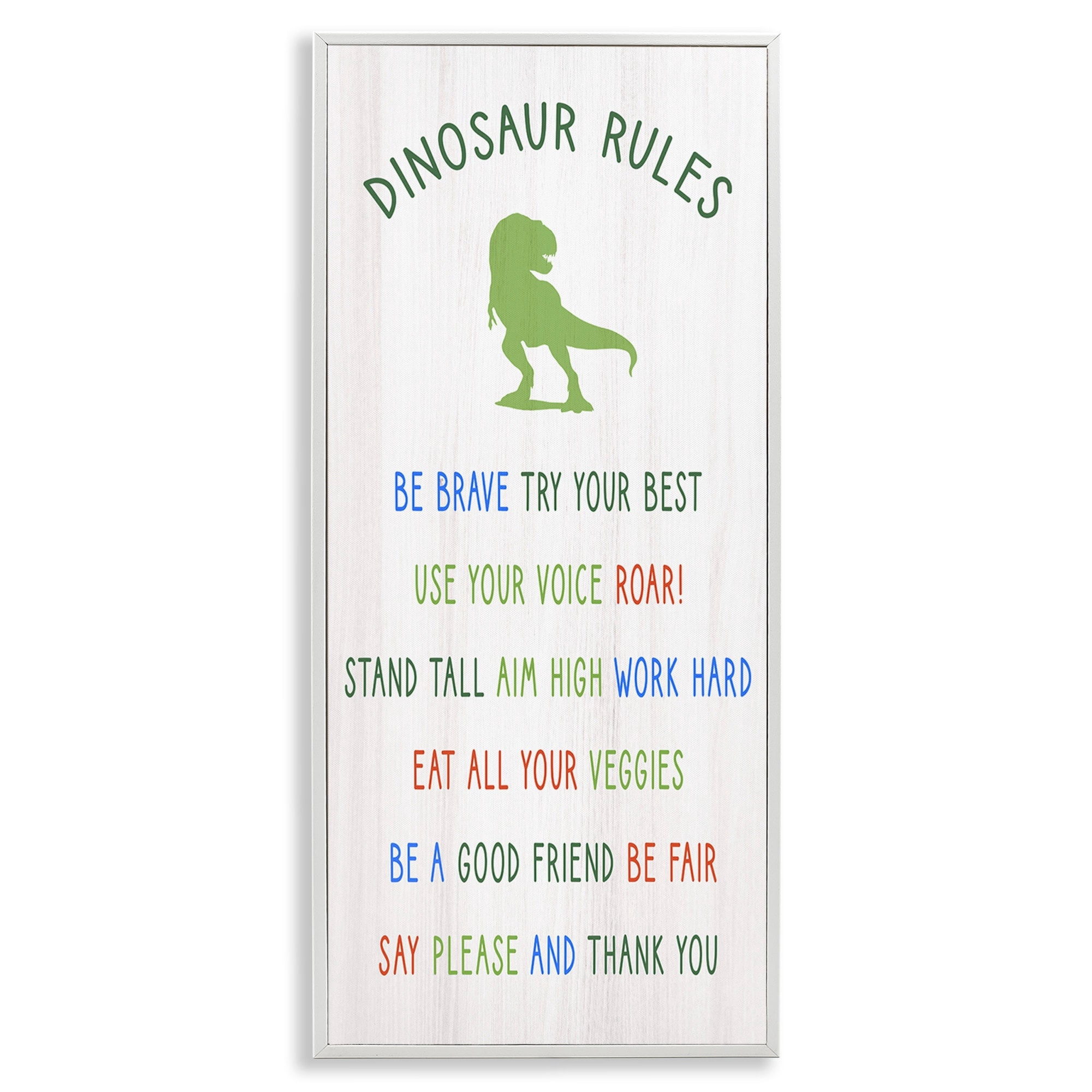 Stupell Industries Dinosaur Rules Listed Kids T-Rex Green Reptile Inspirational Painting White Framed Art Print Wall Art, 10 x 24