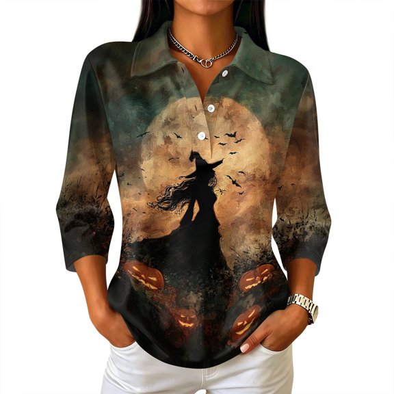 Garbnen Halloween Women Polo Shirt Funny Ghost Pumpkin Witch Golf Shirts for Woman Fall Winter 3/4 Length Sleeve Women's Pullover Yellow S