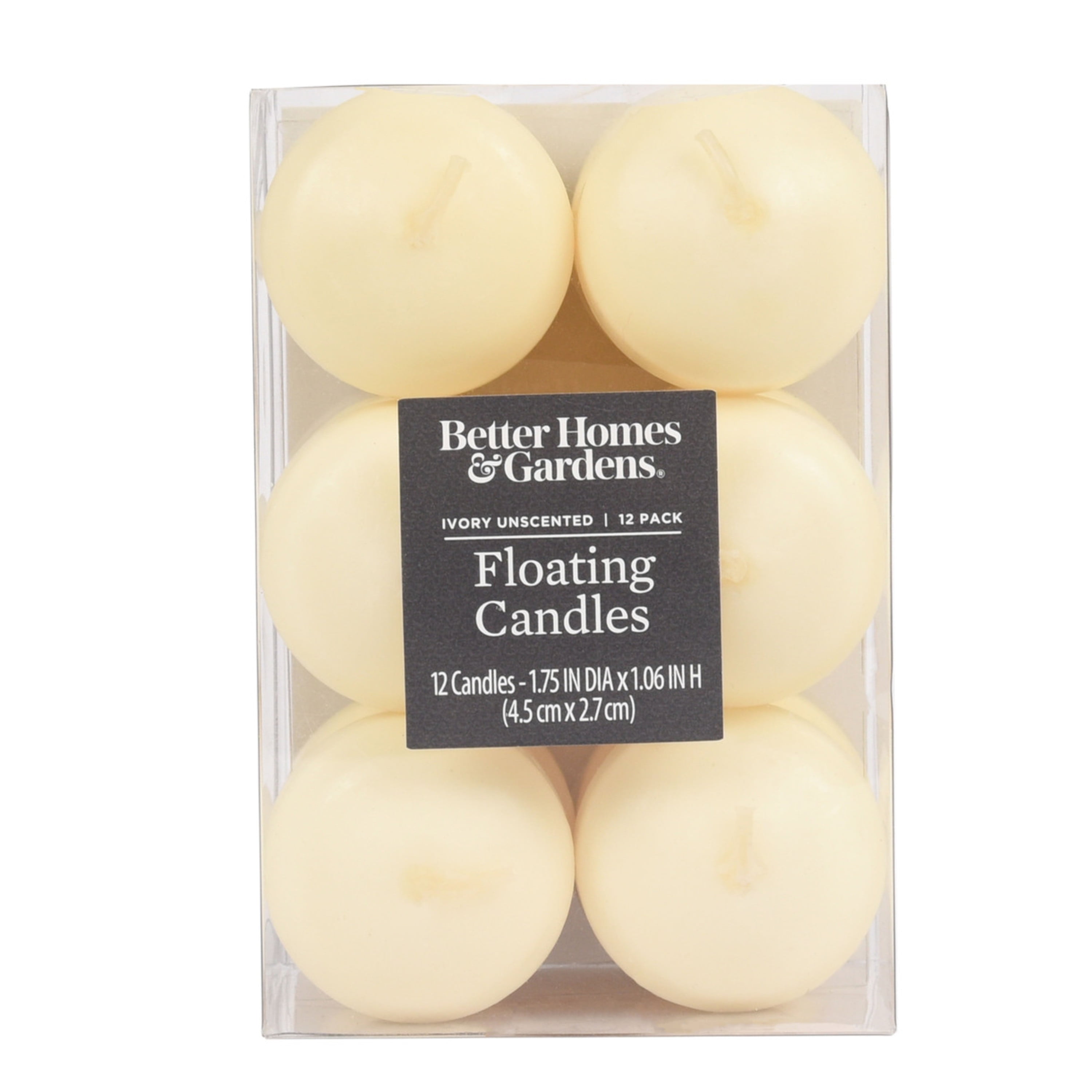 Better Homes & Gardens, Unscented Indoor/Outdoor Set of 12 Floating Candles, Burn Time of 3-4 Hours, Ivory, 12-Pieces