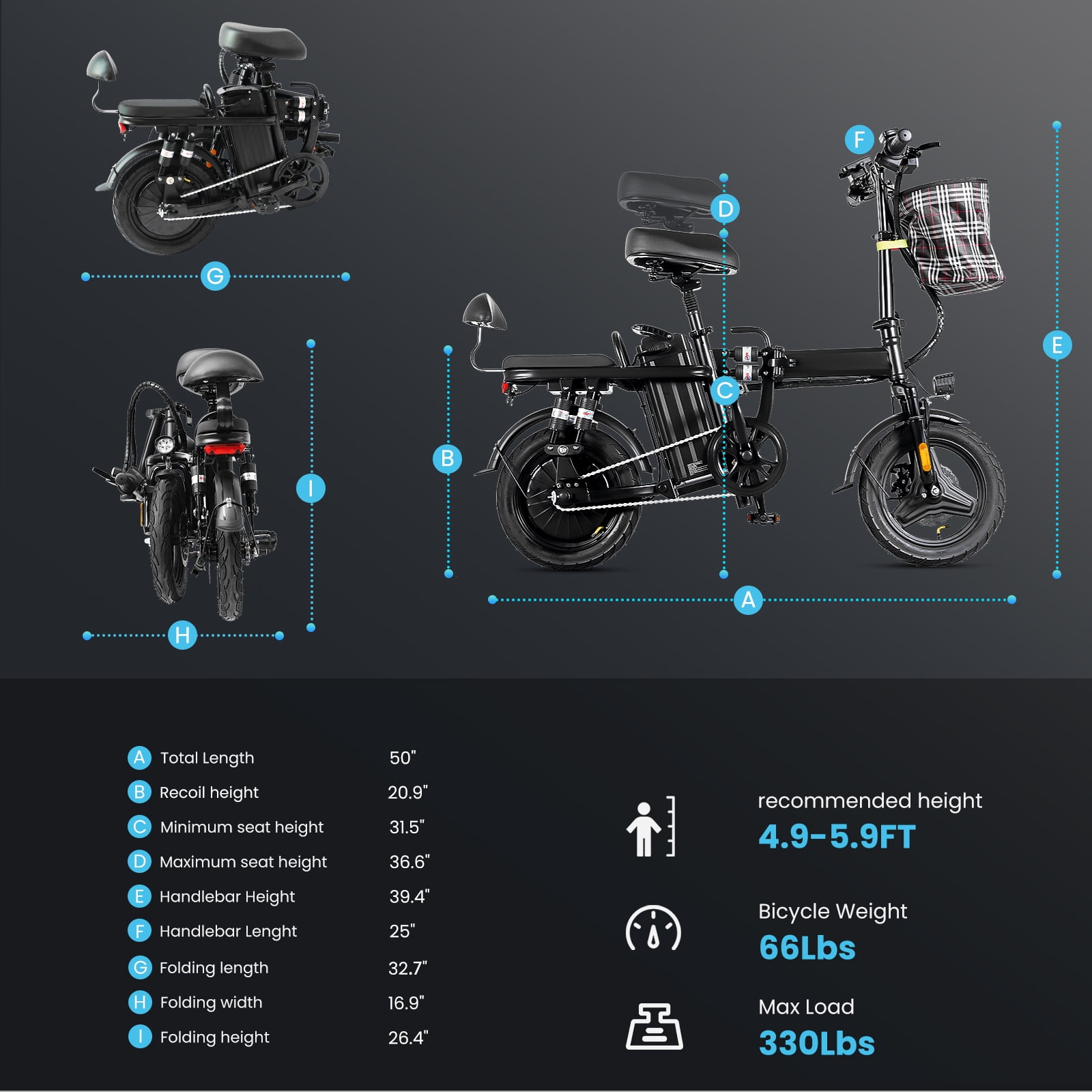 Electric-Bike-for-Adults, Folding-E-Bike-with-Basket, 14" Wheels, 20 mph, 500W Brushless Motor, 48V 15AH Removable Battery, 9 Shock Absorbers, 30-Mile Range, LCD Display
