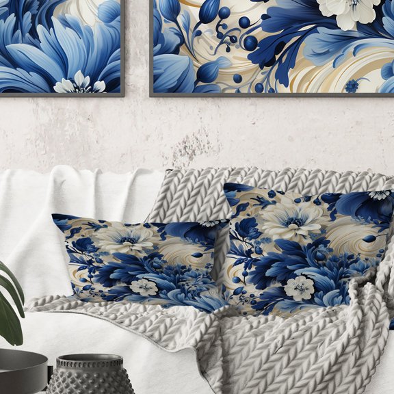 Designart "Romantic Swirls in Cobalt" Floral Printed Throw Pillow
