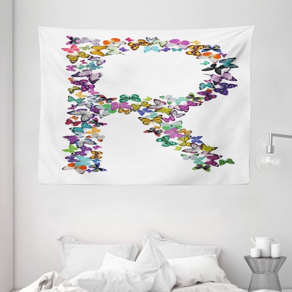 Letter R Tapestry, A Collection of Butterflies in the Shape of Uppercase Letter Nature Inspired Font, Wall Hanging for Bedroom Living Room Dorm Decor, 80W X 60L Inches, Multicolor, by Ambesonne