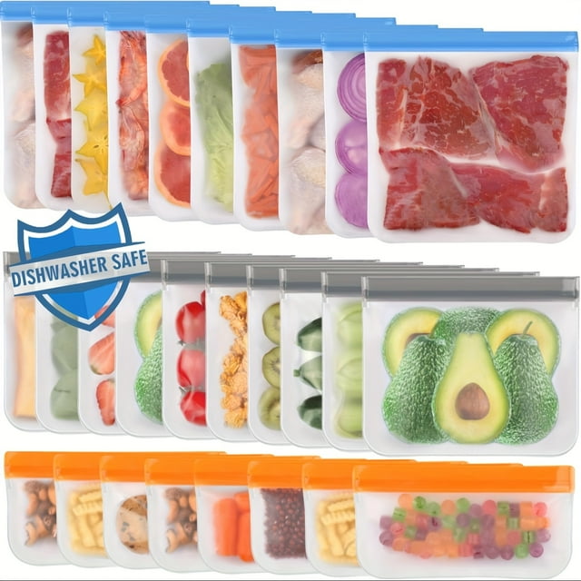 LOVEVER 28 Sacs Réutilisables Lavables au Lave-Vaisselle en Silicone Extra Épais Étanches Sacs de Congélation Réutilisables Sans BPA Sacs de Rangement Alimentaires Réutilisables pour Déjeuner Viande Légumes