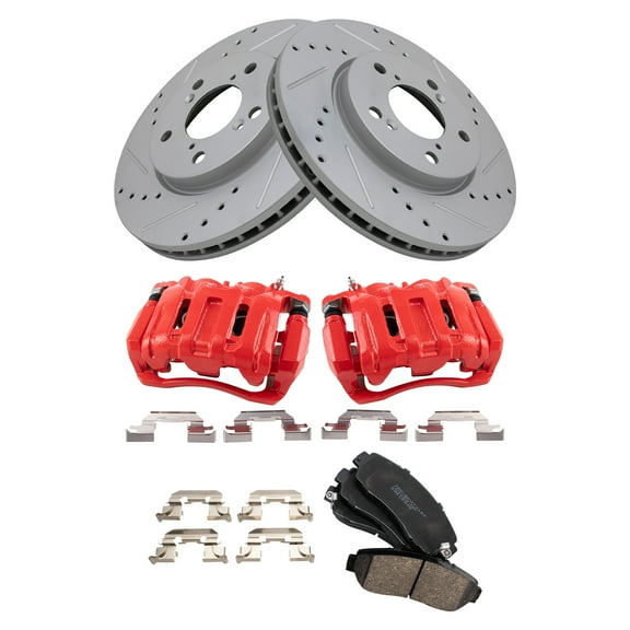TRQ Front Performance Brake Pad & Rotor Kit Brake Caliper Brake Pads Brake Rotors Set Ceramic Premium G-Coated Red Fits Select 2005-2010 Honda Odyssey