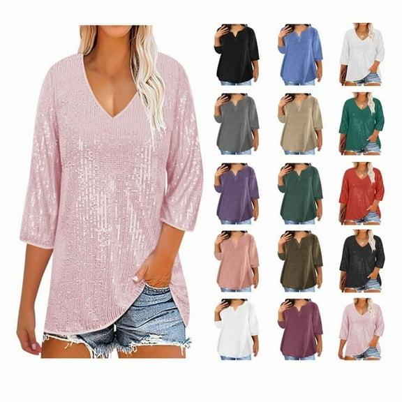 Meichang Womens Plus Size Tops Elbow Sleeve Summer T Shirts Notch V Neck Basic Tees Soft Loose Fit Casual Half Sleeve Tshirts T-Shirts