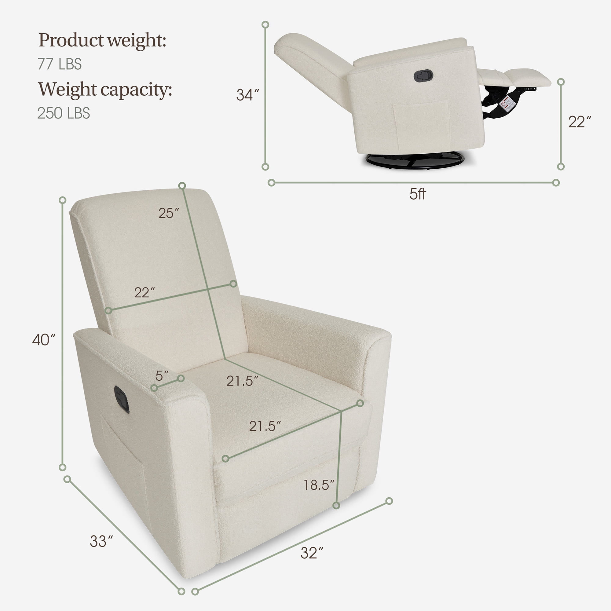 Evolur Raleigh Basic Glider |Recliner| Rocker, Plush Ivory