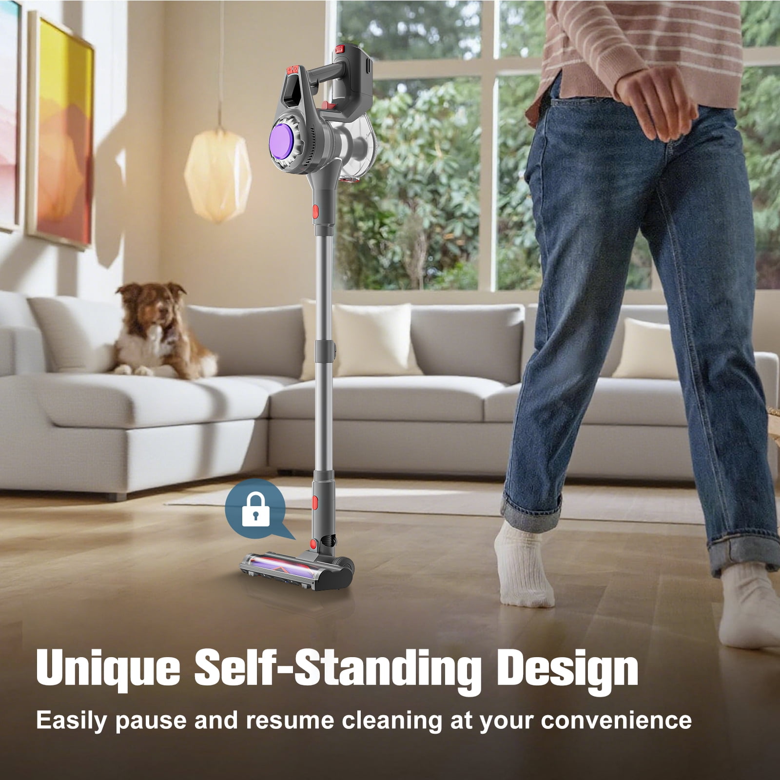 HOOFUN Cordless Vacuum Cleaner, 50mins Runtime, Powerful Stick Vacuum 6*2600mah Rechargeable Cordless Vacuum for Carpet, Tile, Pet Hair, Hardwood Floors, Silver gray