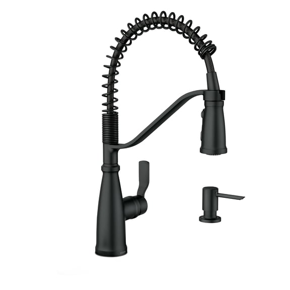 Moen Nolia Matte Black One-Handle Pre-Rinse Spring Kitchen Faucet with Pull Down Sprayer, Single Hole Kitchen Sink Faucet with Soap Dispenser, 87886BL