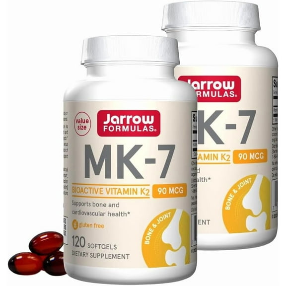 Jarrow Formulas MK-7 90 mcg - Bioactive Form of Vitamin K2-120 Servings (Softgels) - for Bone & Cardiovascular Health - Vitamin K2 MK-7 Dietary Supplement - Gluten Free (Pack of 2)