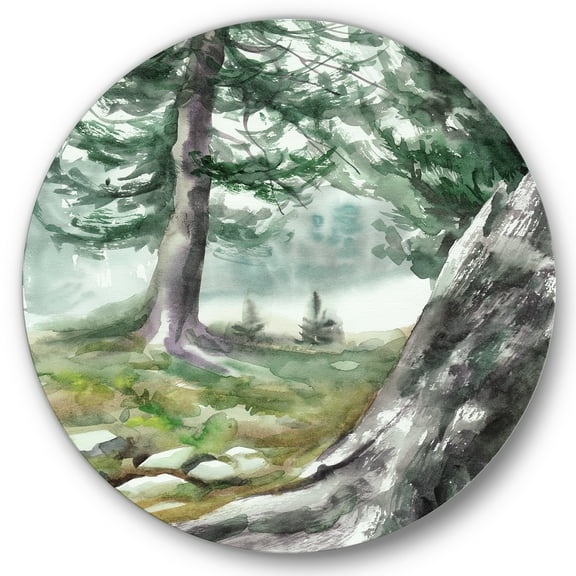 Designart 'Pine Forest In The Early Morning Glow' Lake House Circle Metal Wall Art 36x36 - Disc of 36