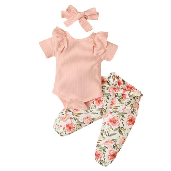 Pejock Newborn Toddler Infant Baby Girls Clothes Romper Pants Set Summer Short Sleeve Top Printed Pants Bow Headband 3-piece Set, 9-12Months