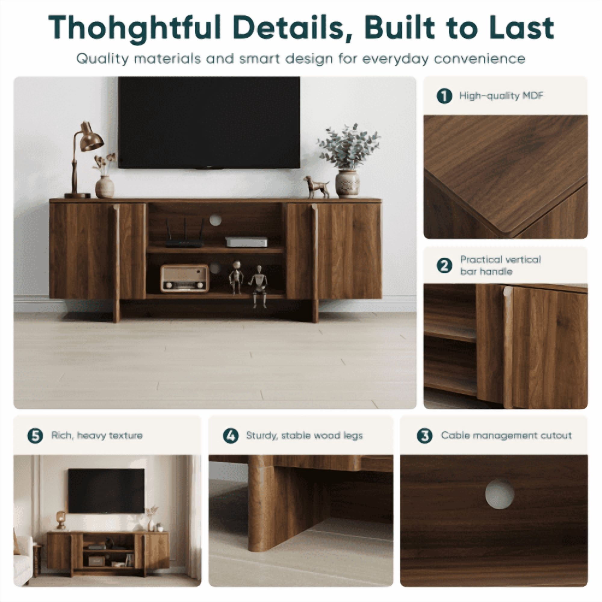 55" Mid-Century Modern Farmhouse TV Stand, Entertainment Center with Double Doors, Open Shelving, and Cable Management, Fits TVs up to 48 Inches, Walnut