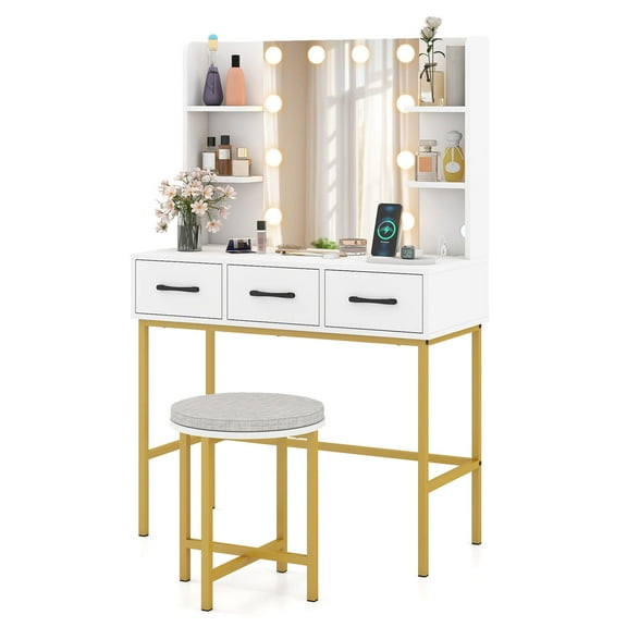 Costway Vanity Desk with Mirror Lights Power Outlets 4 Open Shelves 3 Storage Drawers