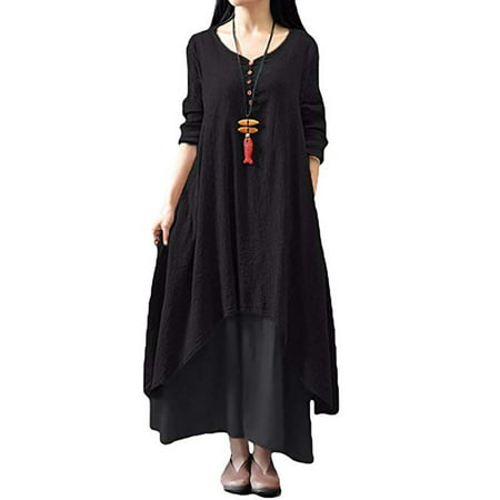 Women Boho Dress Casual Irregular Maxi Dresses Layer Vintage Loose Long Sleeve Linen Dress with Pockets