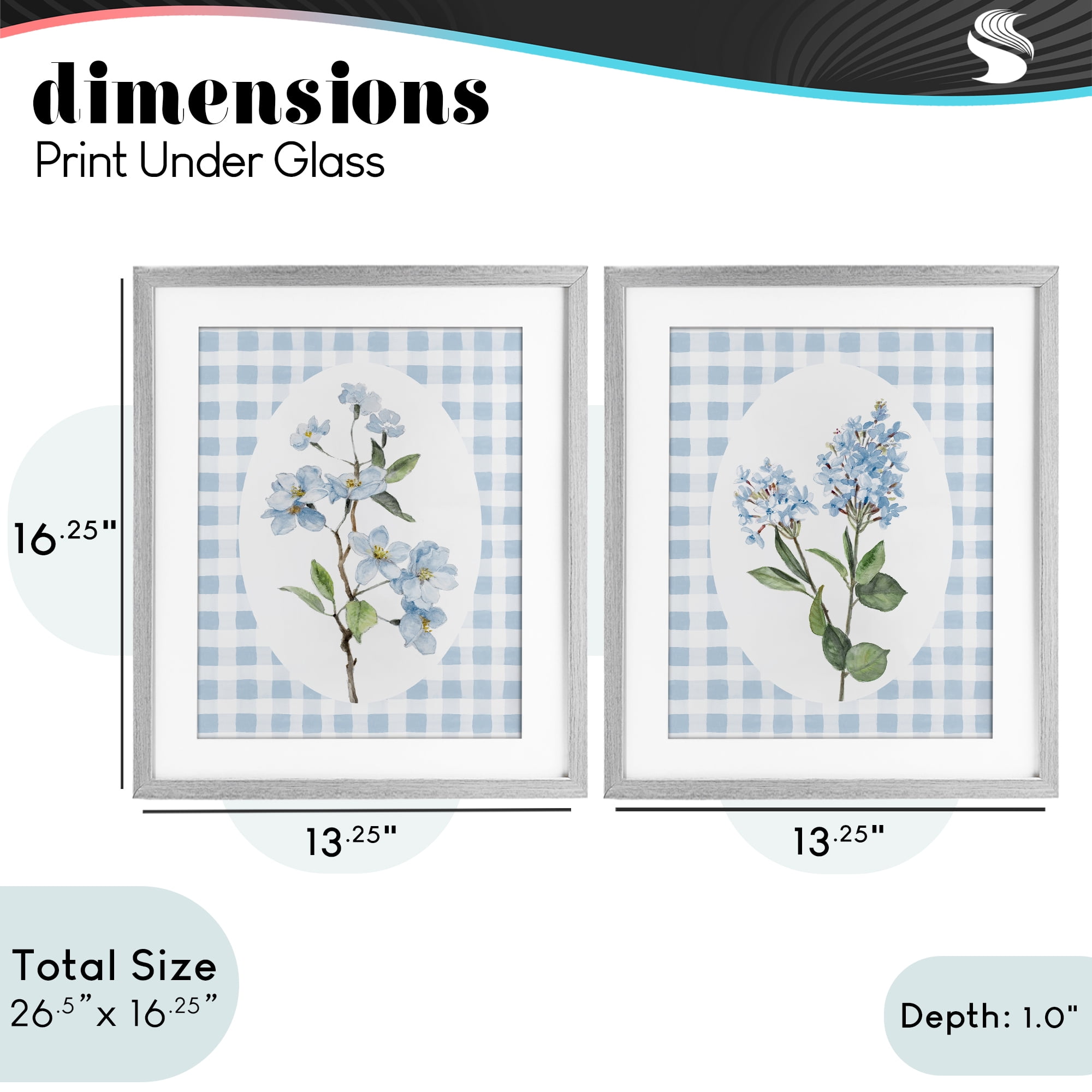 Stupell Industries Blooms on Blue Checkered 2 Piece Gray Framed Print Under Glass Set, design by Lanie Loreth