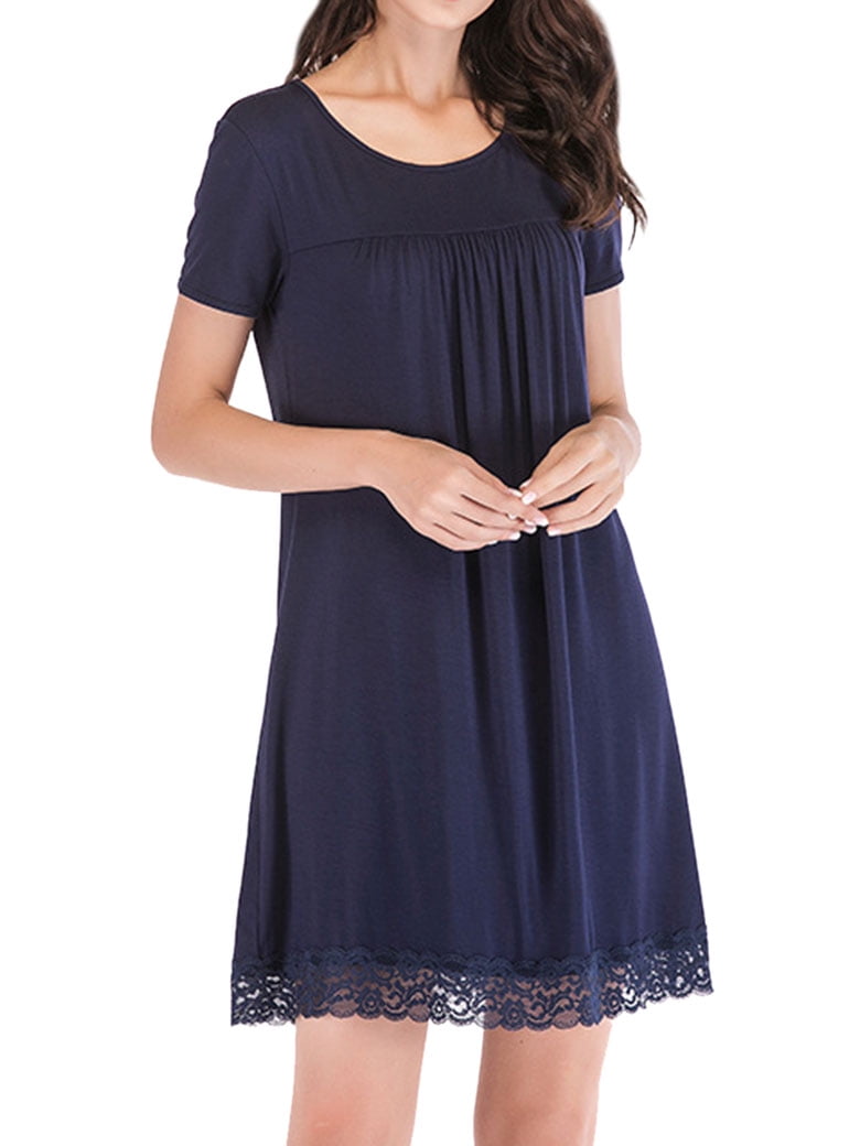 STARVNC Women Crew Neck Short Sleeve Lace Spliced Pleated Mini Sleep