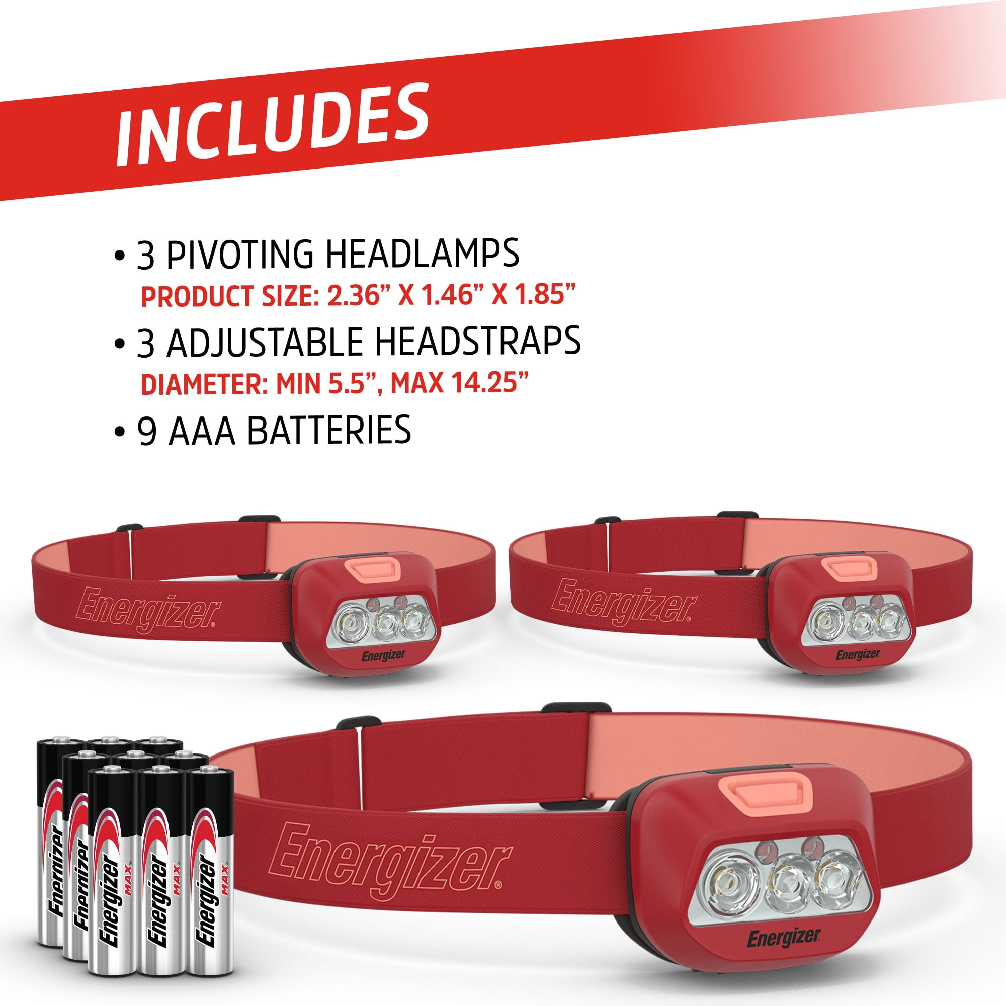 Energizer HDL20 Red LED Headlamps, Bright 325 Lumens (3 Pack), Emergency Ready, for Camping, Running, Jogging, Hiking and Hunting, 9 AAA Batteries Included