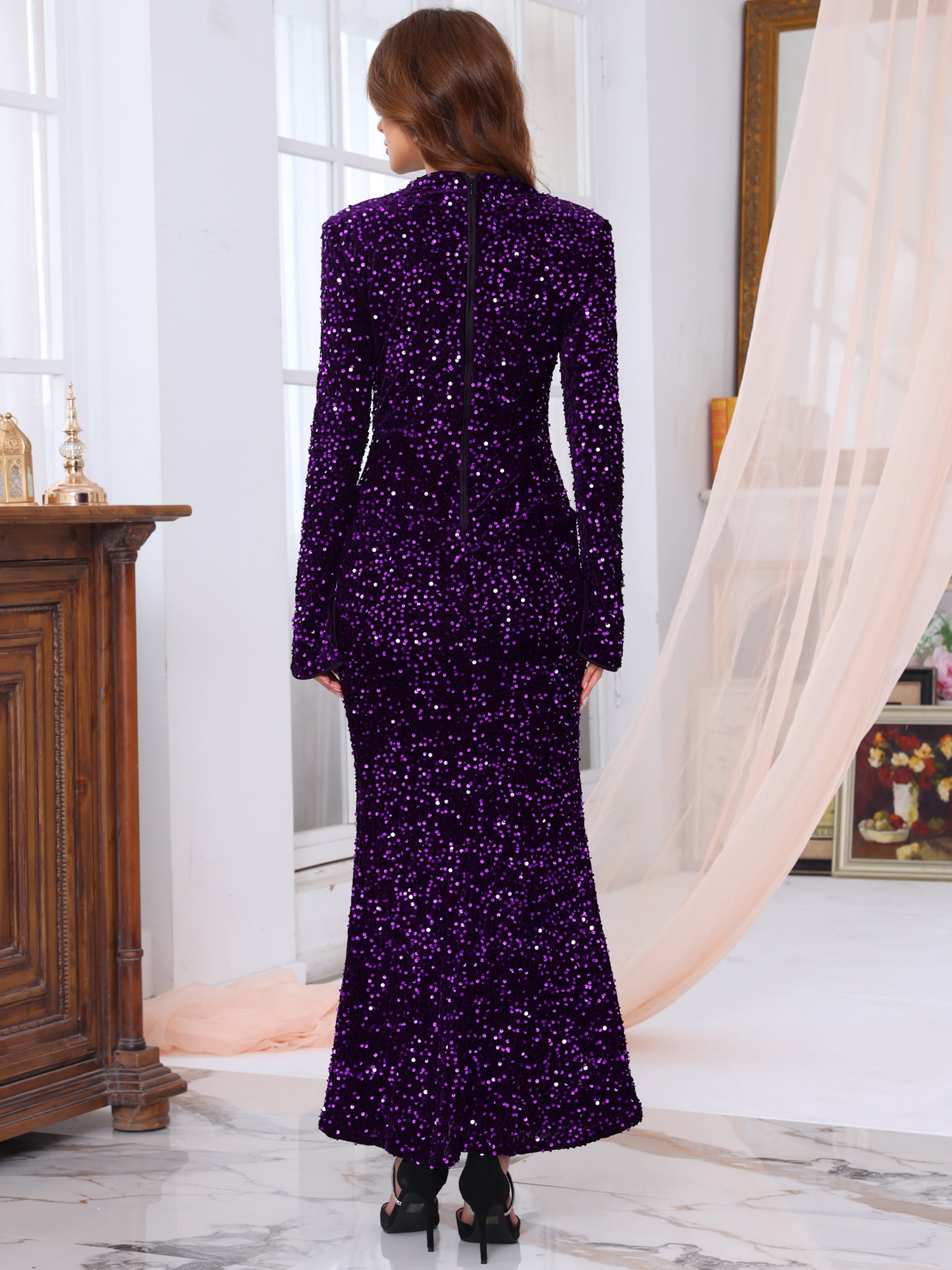 DARING DIVA Women's Sequined Velvet Crewneck Long Sleeve Bodycon Dress M Purple