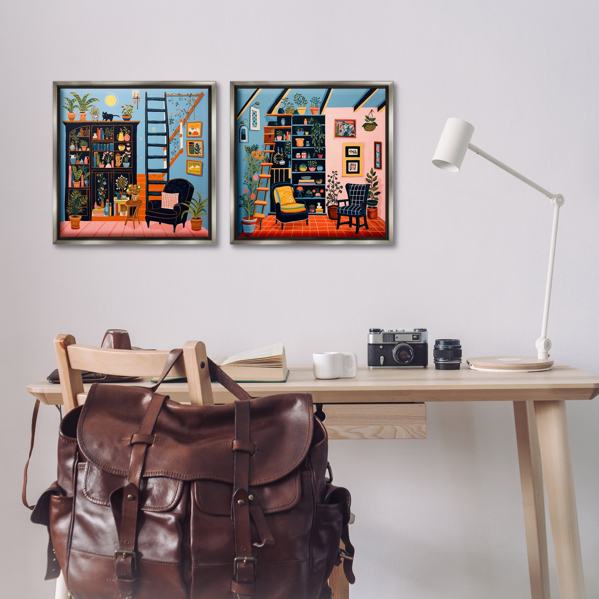 Stupell Industries Cozy Decorated Reading Nook Furniture Painting Gray Floater Framed Canvas Art Print Wall Art, 18 x 18, Set of 2