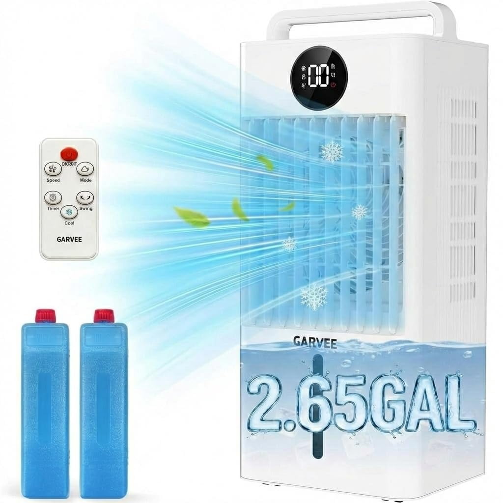2.6Gal Portable Air Conditioners, 3-in-1 Swamp Cooler with HEPA Filter, Remote Control, 6 Speeds & 3 Modes, Quiet Operation for Rooms Up to 450 Sq Ft, 24-Hour Timer, 360° Swivel Casters