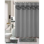 Latifa Silver 18 Piece Set includes One Fabric Shower Curtain, 2 Rugs, 3 Piece Towel Set and 12 Shower Rings
