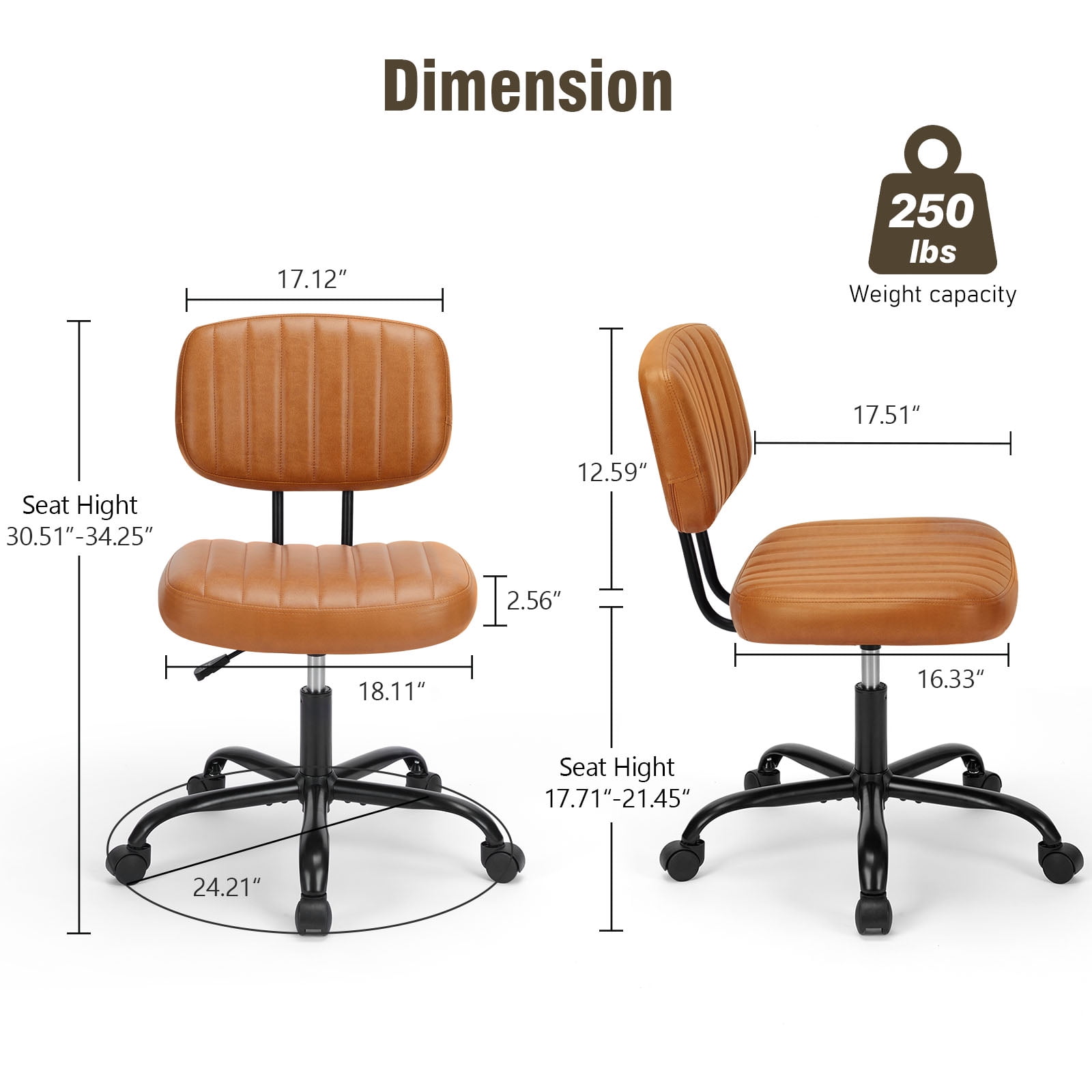 Gianna Armless Office Chair – Adjustable Rolling Task Chair with Lumbar Support for Comfortable All-Day Sitting, Brown