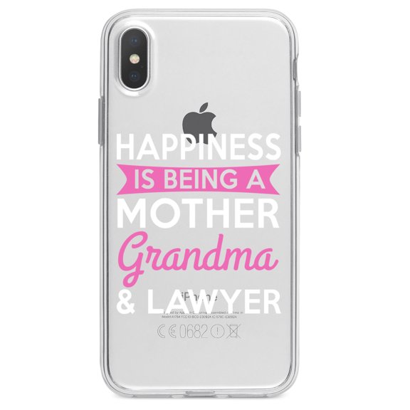 DistinctInk Clear Shockproof Hybrid Case for iPhone X / XS (5.8" Screen) - TPU Bumper Acrylic Back Tempered Glass Screen Protector - Happiness is Being a Mother Grandma Lawyer