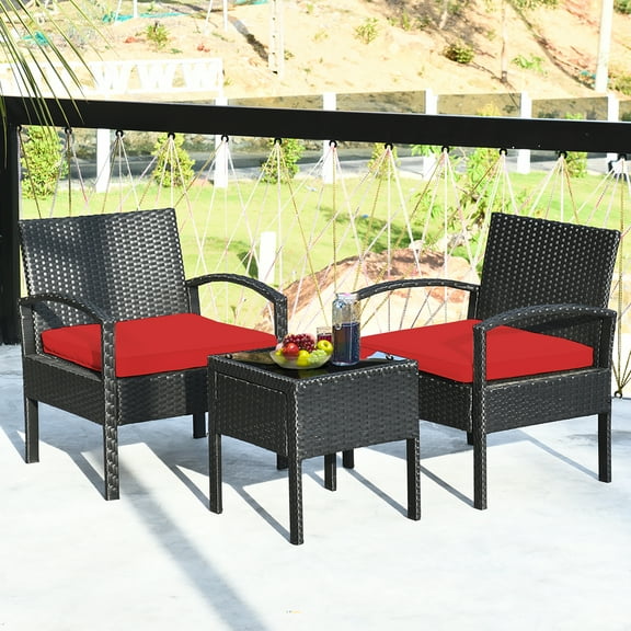 Costway 3 Pcs Rattan Patio Furniture Set, Black/Red