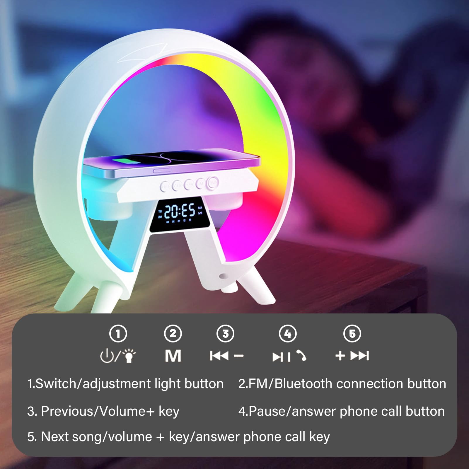 Wireless Speaker Charger Light, Phone Charger, Atmosphere Night Light Multifunctional Bluetooth Speaker, Timer Alarm Clock Charger Stand Color Changing Music Lamp-White