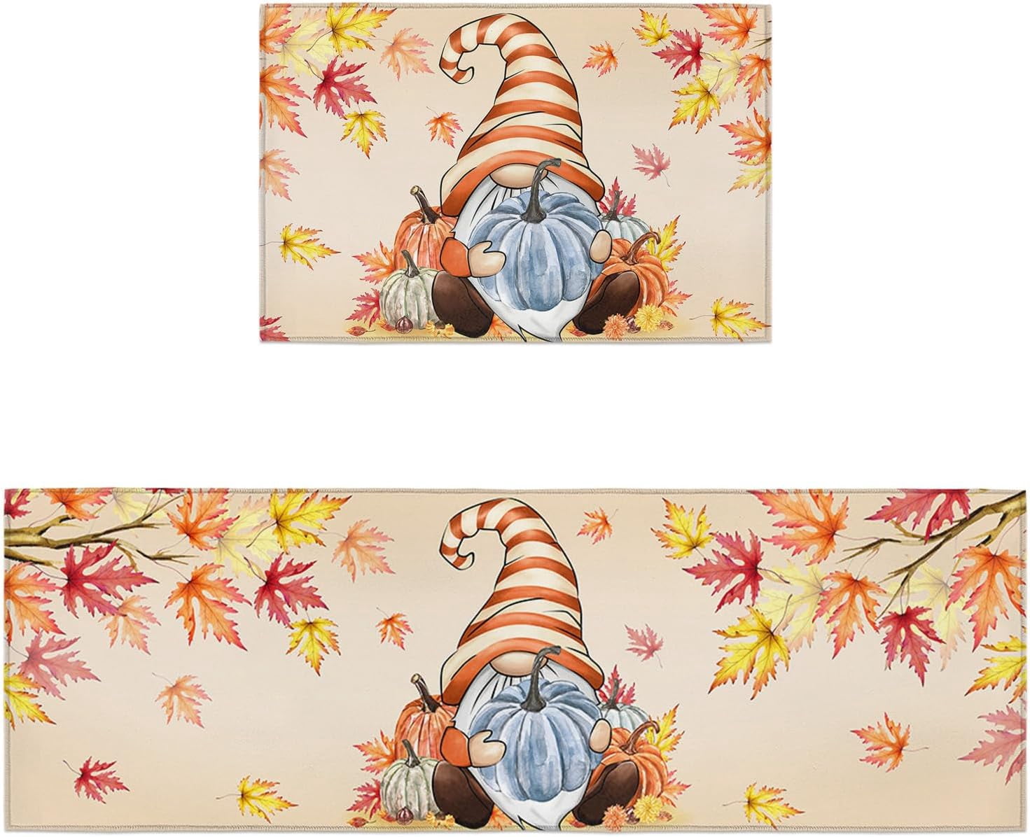 Farm Gnomes with Pumpkins Kitchen Rugs and Mats Non Skid Washable Floor Doormat, Autumn Harvest Maple Leaf Branch 2 Piece Comfort Sink Standing Rug Area Runner Non-Slip Rubber Backing Mat Orange